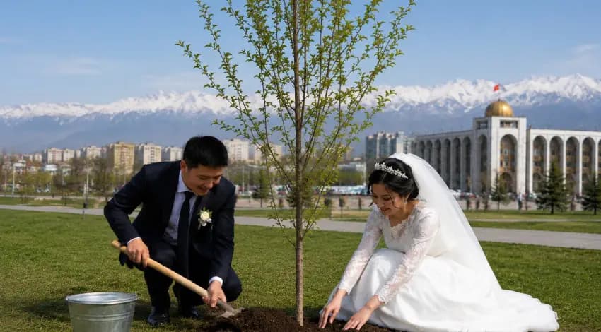 Where and for how much can newlyweds plant a tree in Bishkek